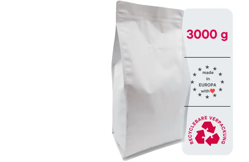 120 Stk. ♺ Kaffeebeutel für 3KG in weiß matt, Flachbodenbeutel RECYCLINGFÄHIG inkl. Ventil, Top-Zipper und Aromaschutz