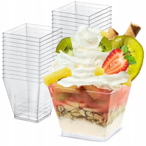 25 Stück Desserttassen 200ml Wiederverwendbare Dessertgläser Plastik +Teelöffel