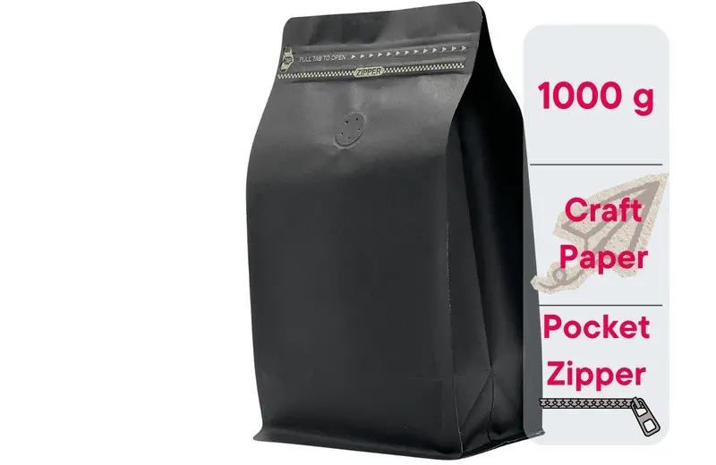 500 St. Kaffeebeutel für 1.000g Flachbodenbeutel aus Kraftpapier SCHWARZ inkl. Ventil, Front Zipper und Aromaschutz