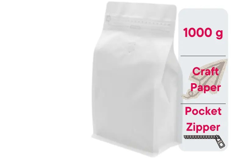 500 St. Kaffeebeutel für 1.000g Flachbodenbeutel aus Kraftpapier WEISS inkl. Ventil, Front Zipper und Aromaschutz