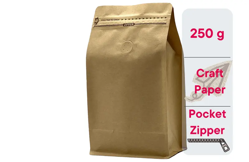 500 St. Kaffeebeutel für 250g Flachbodenbeutel aus Kraftpapier BRAUN inkl. Ventil, Front Zipper und Aromaschutz