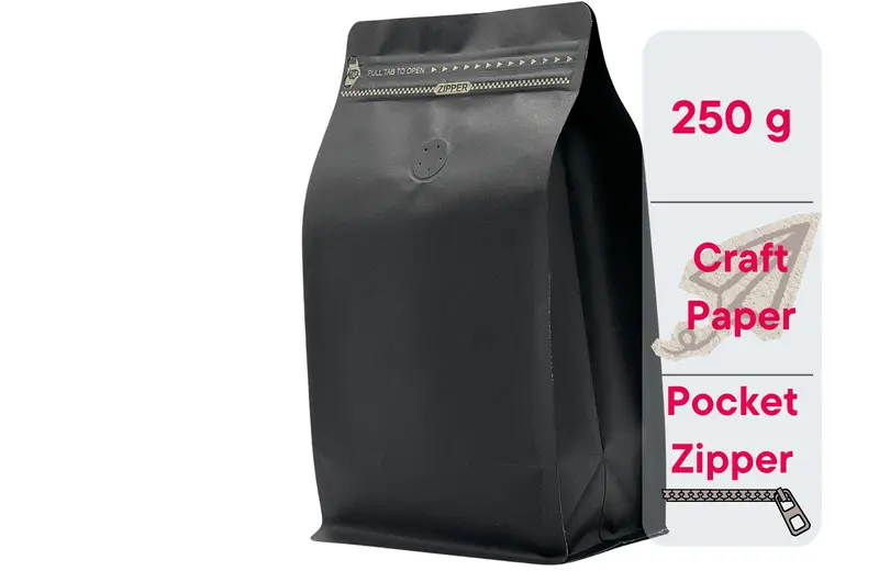 500 St. Kaffeebeutel für 250g Flachbodenbeutel aus Kraftpapier SCHWARZ inkl. Ventil, Front Zipper und Aromaschutz