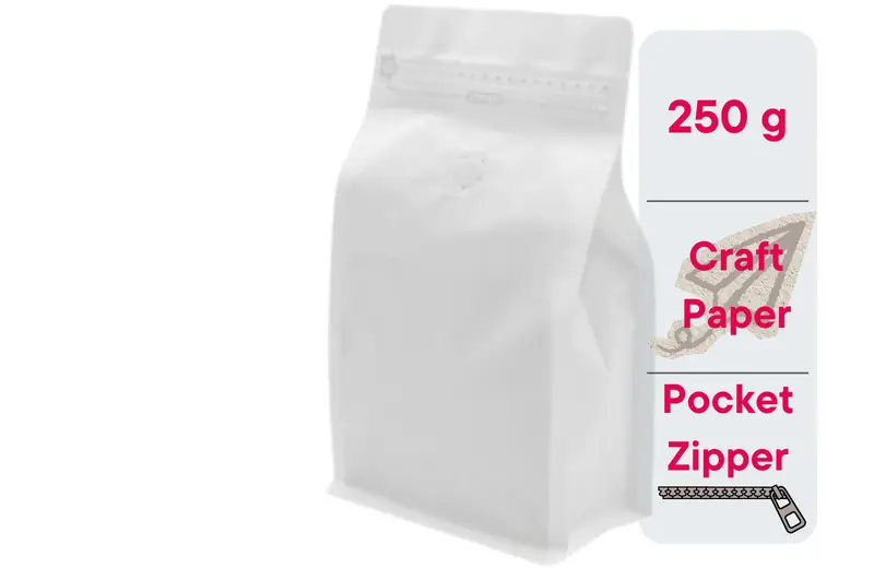500 St. Kaffeebeutel für 250g Flachbodenbeutel aus Kraftpapier WEISS inkl. Ventil, Front Zipper und Aromaschutz