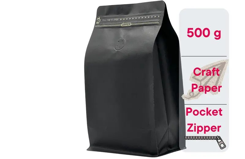 500 St. Kaffeebeutel für 500g Flachbodenbeutel aus Kraftpapier SCHWARZ inkl. Ventil, Front Zipper und Aromaschutz