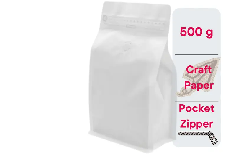 500 St. Kaffeebeutel für 500g Flachbodenbeutel aus Kraftpapier WEISS inkl. Ventil, Front Zipper und Aromaschutz