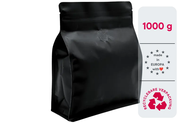 500 Stk. ♺ Kaffeebeutel für 1.000g in MATT SCHWARZ, Flachbodenbeutel aus MONO-Material, inkl. Ventil, Top-Zipper und Aromaschutz