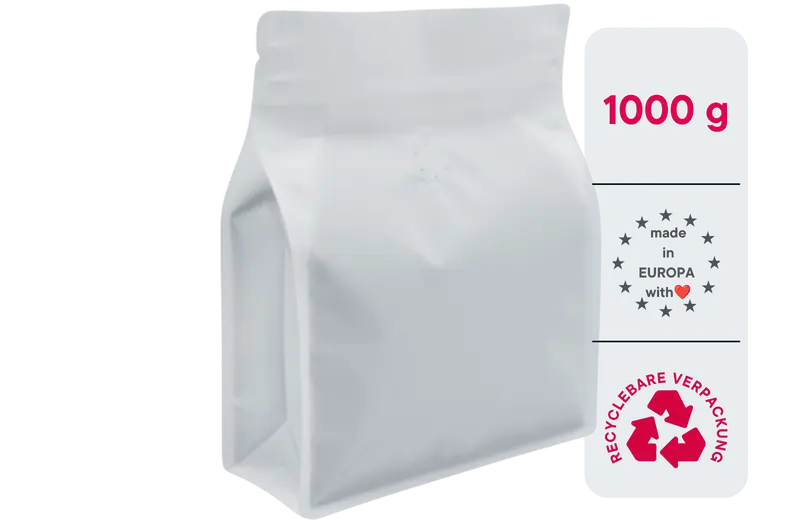 500 Stk. ♺ Kaffeebeutel für 1.000g in MATT WEISS, Flachbodenbeutel aus MONO-Material, inkl. Ventil, Top-Zipper und Aromaschutz