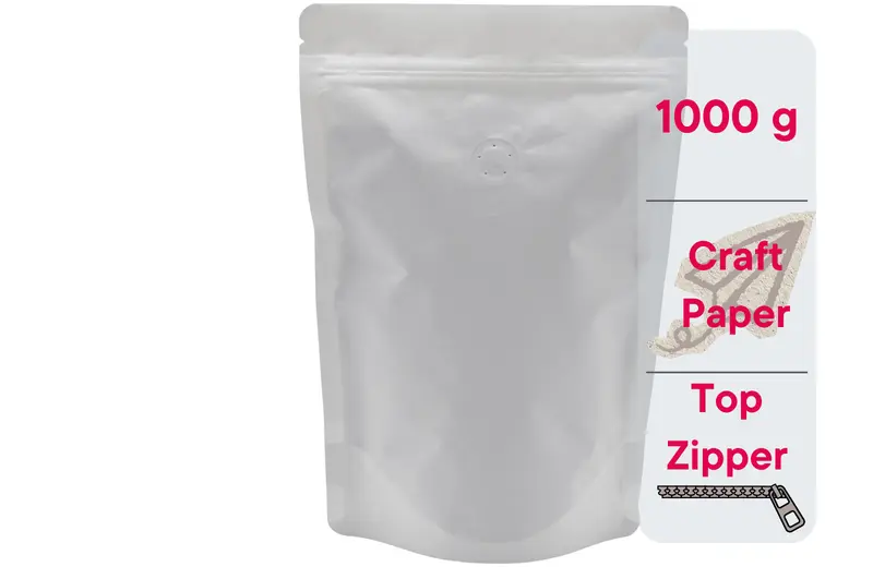 500 Stk. Kaffeebeutel für 1.000g, Standbodenbeutel/Doypack aus Kraftpapier WEISS inkl. Ventil