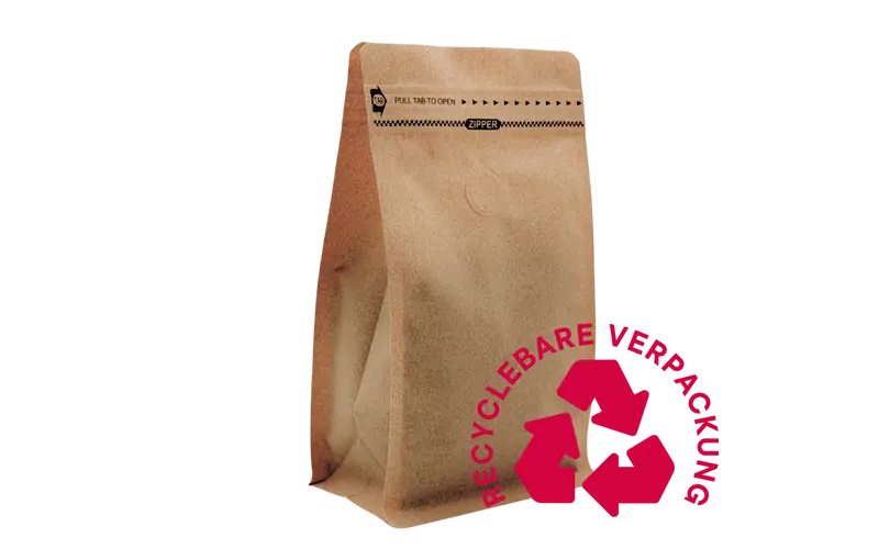 500 Stk. ♺ Kaffeebeutel für 250g in BRAUN PAPERLOOK, Flachbodenbeutel aus MONO-Material, inkl. Ventil, Front-Zipper und Aromaschutz