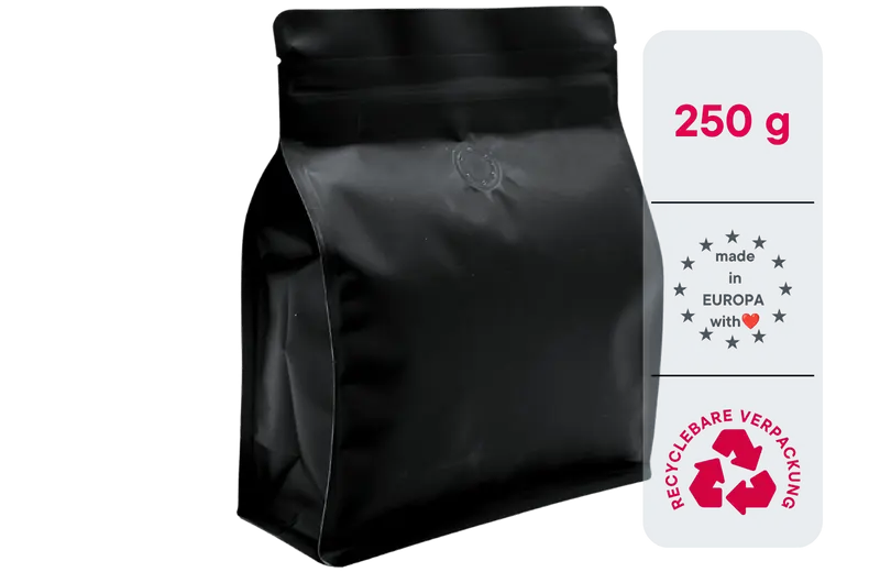500 Stk. ♺ Kaffeebeutel für 250g in MATT SCHWARZ, Flachbodenbeutel aus MONO-Material, inkl. Ventil, Top-Zipper und Aromaschutz