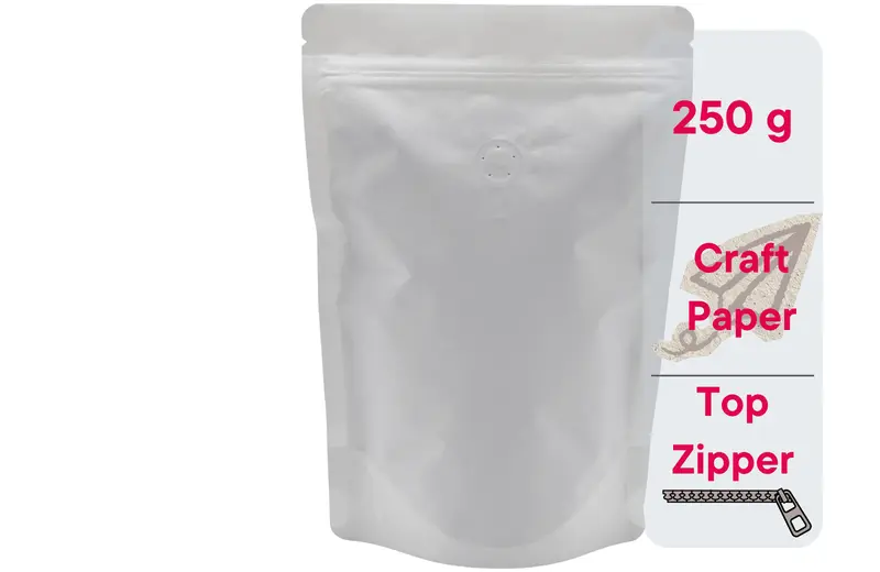 500 Stk. Kaffeebeutel für 250g, Standbodenbeutel/Doypack aus Kraftpapier WEISS inkl. Ventil