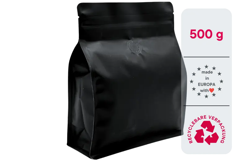 500 Stk. ♺ Kaffeebeutel für 500g in MATT SCHWARZ, Flachbodenbeutel aus MONO-Material, inkl. Ventil, Top-Zipper und Aromaschutz