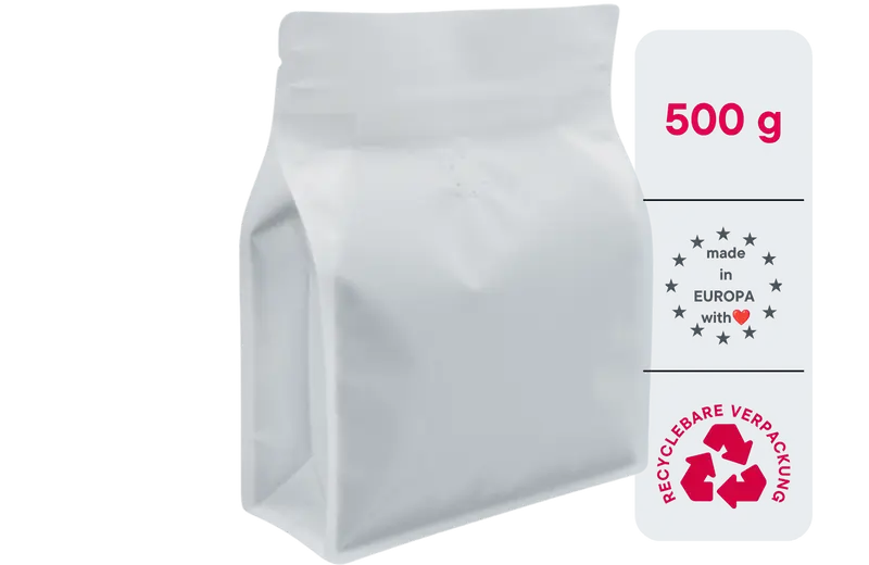500 Stk. ♺ Kaffeebeutel für 500g in MATT WEISS, Flachbodenbeutel aus MONO-Material, inkl. Ventil, Top-Zipper und Aromaschutz