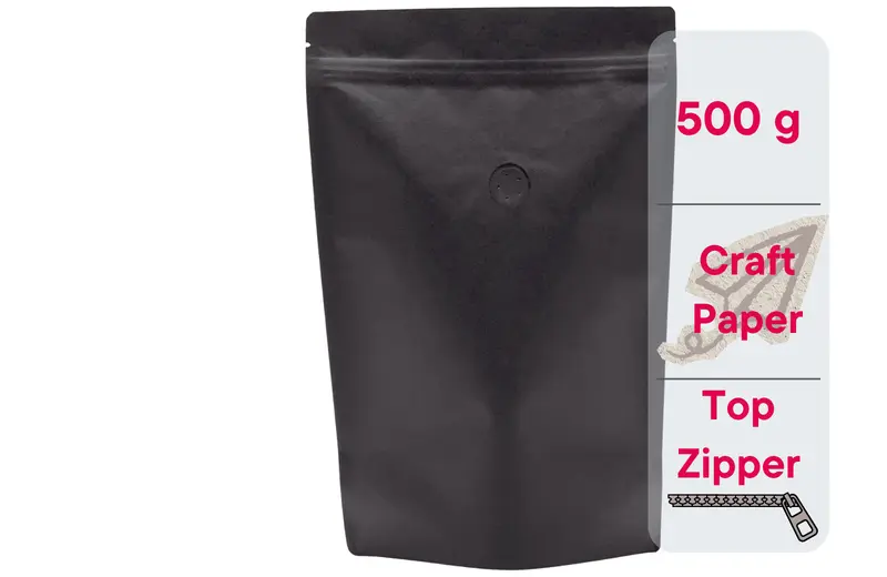 500 Stk. Kaffeebeutel für 500g, Standbodenbeutel/Doypack aus Kraftpapier SCHWARZ inkl. Ventil