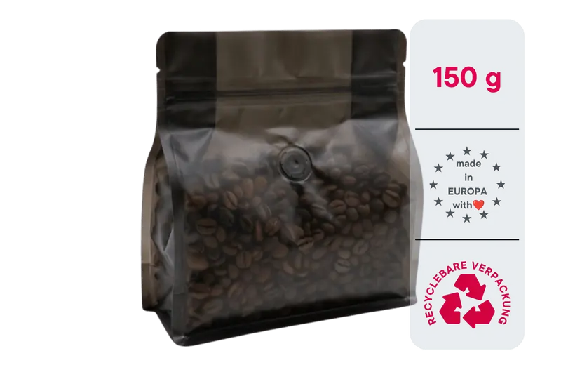 600 Stk. ♺ Kaffeebeutel für 150g in schwarz-transluzent-matt, Flachbodenbeutel RECYCLINGFÄHIG inkl. Ventil, Top-Zipper und Aromaschutz