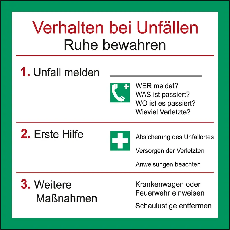 Aushänge - Brandschutz, Notfall - Verhalten bei Unfällen