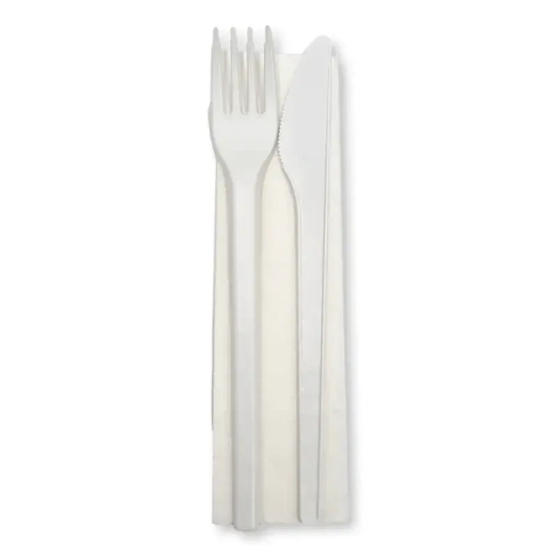 Besteckset Mehrweg "3in1" (Gabel, Messer, Serviette), weiß