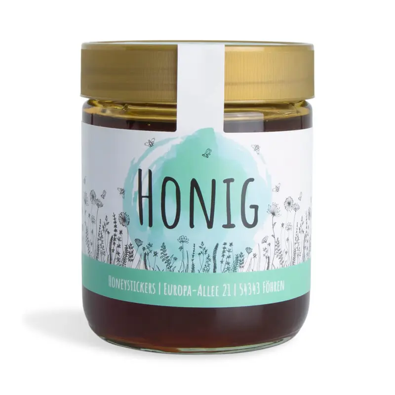 Blumige Birgit – Honigetikett mit Gewährverschluss 500g (Kunststoffdeckel)
