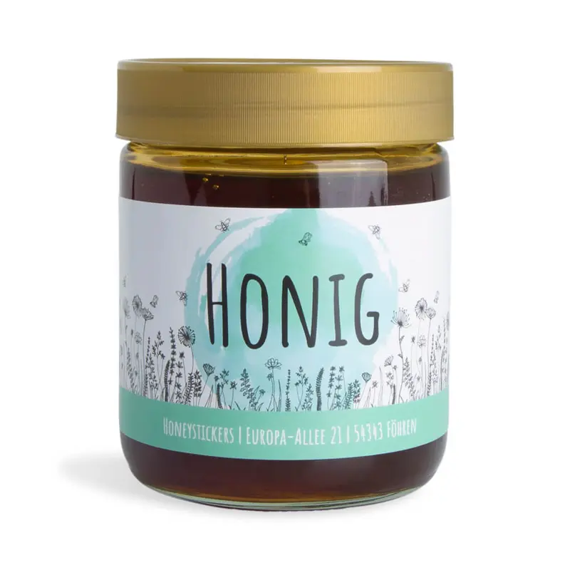 Blumige Birgit – Rechteckiges Honigetikett 500g (Kunststoffdeckel)