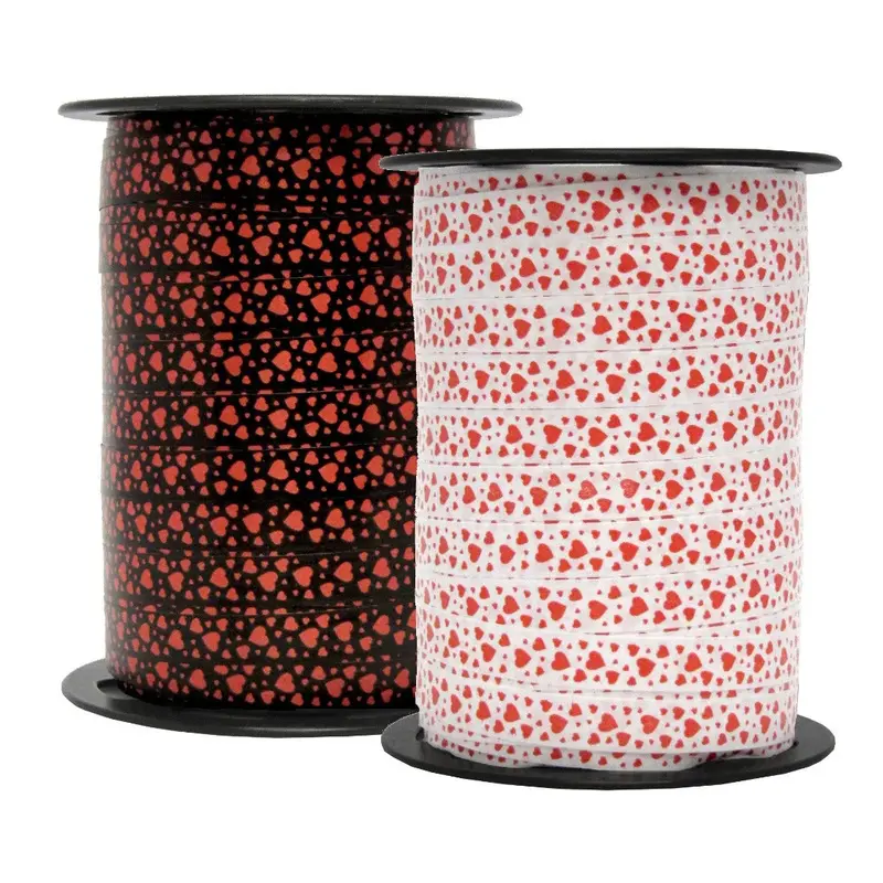 Bolduc imprimé cœurs 10 mm x 225 m – rouge sur blanc ou noir