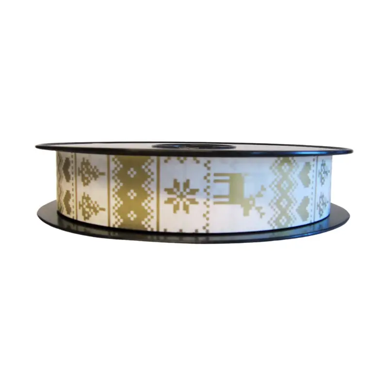 Bolduc imprimé Noël 25 mm x 100 m – gui et motifs dorés