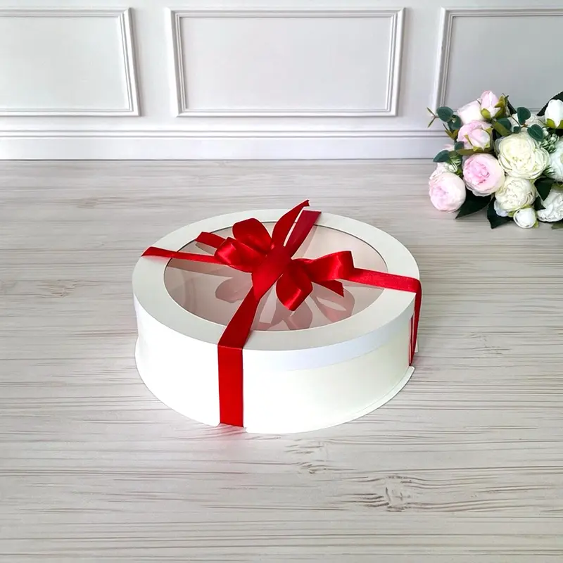 Box Verpackungsschachtel Transparent 25x7 cm Rund Weiß mit Fenster, Pappwände