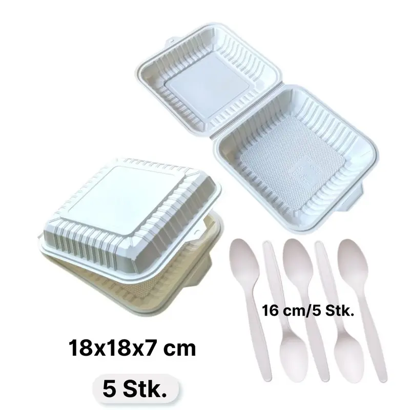 Eco Bento-Box aus Maisstärke 180×180×70 mm + Löffel 160 mm (5+5 Stück)