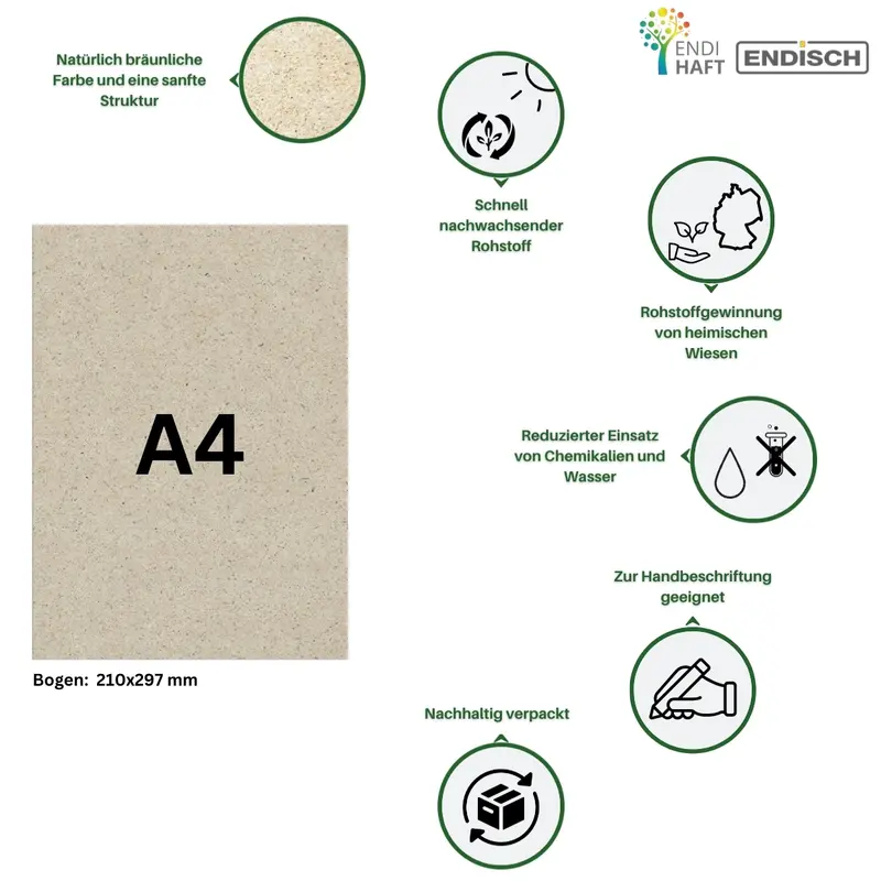 ENDI-HAFT Schreibpapier aus Gras 210x297 mm Format DIN A4 in verschiedenen Grammaturen