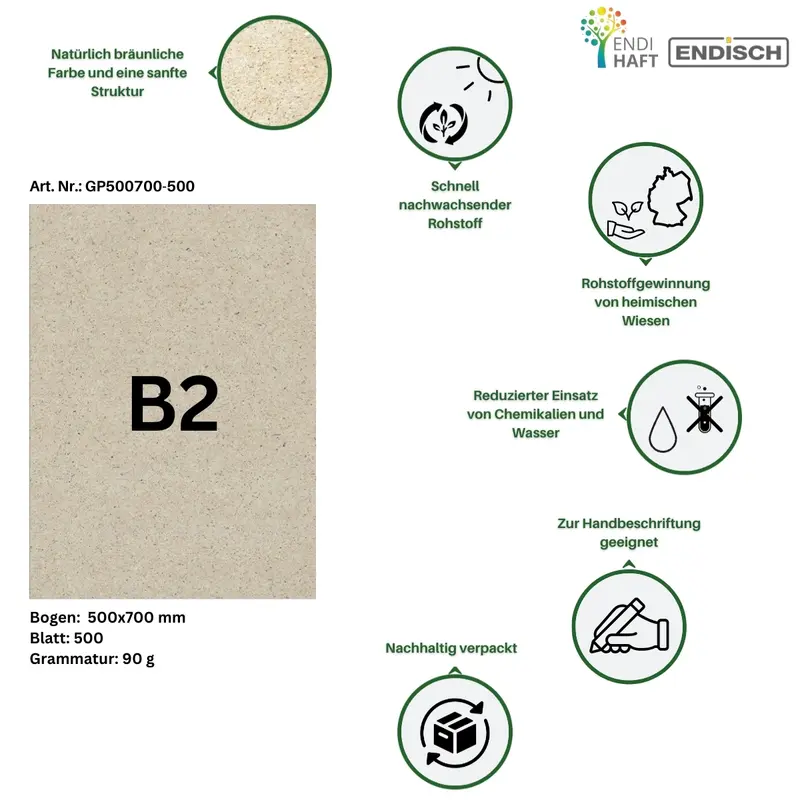 ENDI-HAFT Schreibpapier aus Gras, Bogenware im Format 50x70 cm, 500 Blatt, 90 g/m²