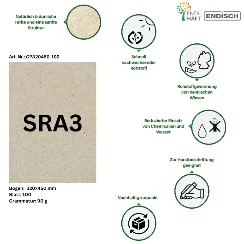 ENDI-HAFT Schreibpapier aus Gras im Format SRA3 320x450 mm 100 Blatt, Grammatur 90 g/m²