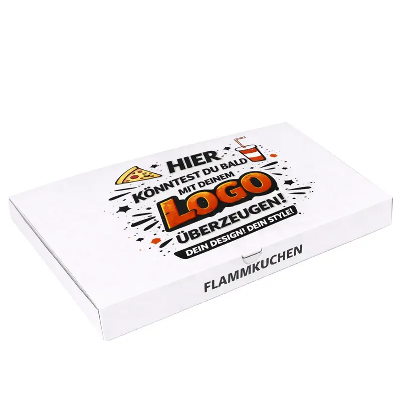 Flammkuchenkarton mit eigenem Logo | 31x41,5x3,5 cm Weiß | 1-farbig | 8.400 Stück