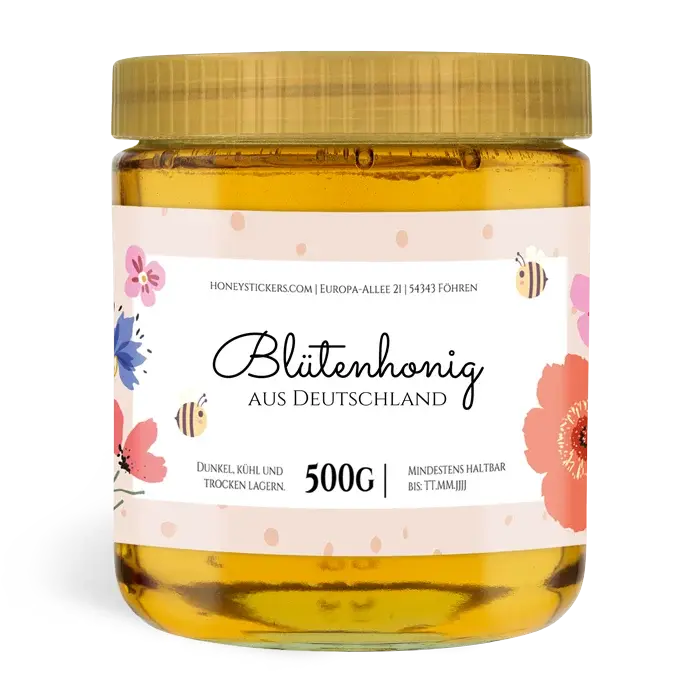 Florale Fiona – Rechteckiges Honigetikett 500g (Kunststoffdeckel)