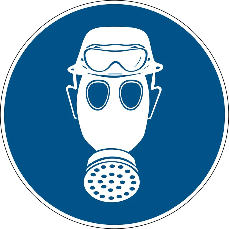 Gebotsschilder - Kopfschutz, Atemschutz und Säureschutz-Vollsichtbrille benutzen