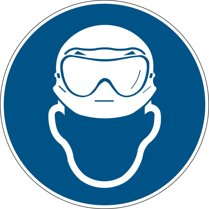 Gebotsschilder - Kopfschutz und Säureschutz-Vollsichtbrille benutzen