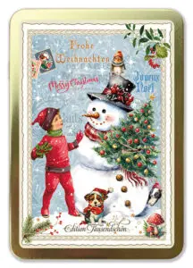 Goldene Postkarten Box Schneemann