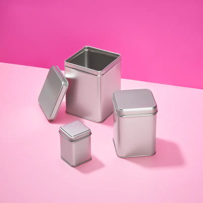 Hohe quadratische Dose in Silber mit gestuftem Stülpdeckel