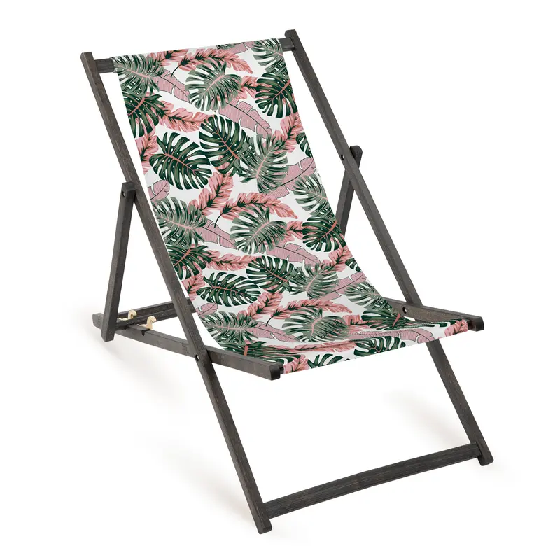 Holz-Liegestuhl Pink Monstera Fullprint mit schwarzem Gestell