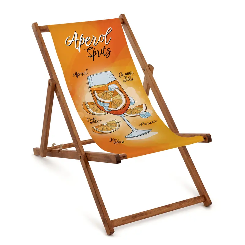 Holzliegestuhl APEROL SPRITZ mit einem geölten braunen Rahmen