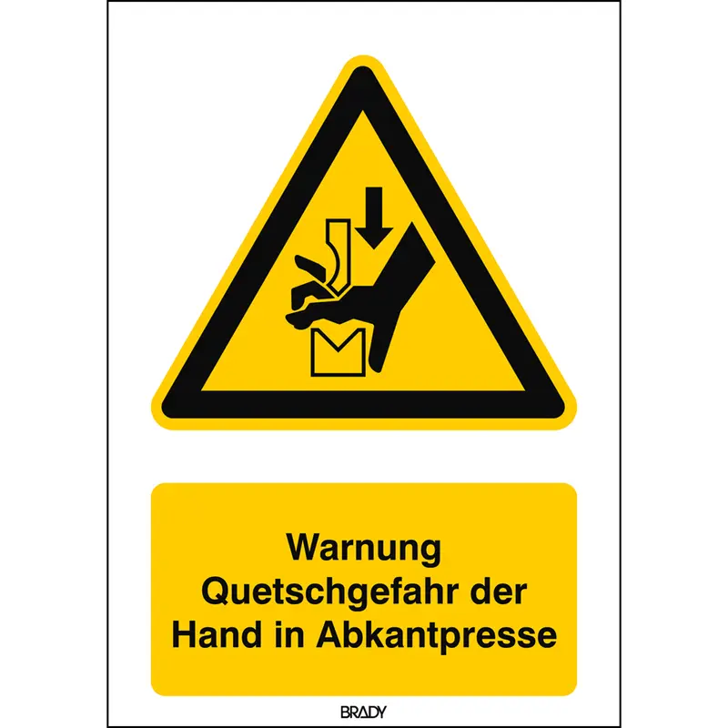 ISO Sicherheitskennzeichnung - Warnung vor Quetschgefahr der Hand zwischen den Werkzeugen einer Presse