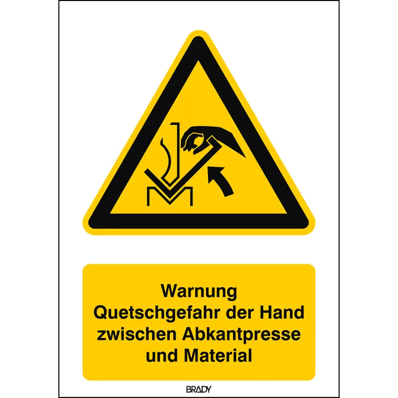 ISO Sicherheitskennzeichnung - Warnung vor Quetschgefahr der Hand zwischen Presse und Werkstück