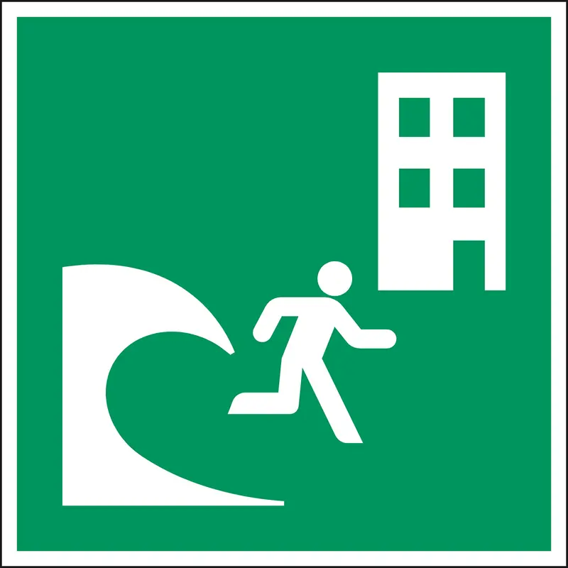 ISO-Sicherheitsschild - Evakuierungsgebäude bei Tsunami