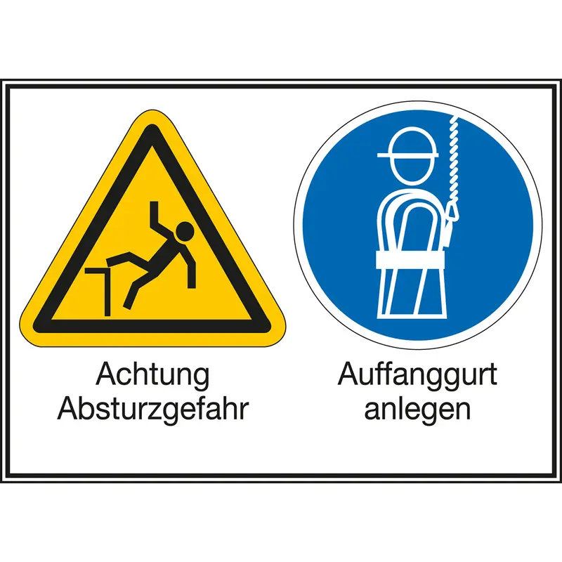 Mehrsymbol-Schilder - Achtung Absturzgefahr / Auffanggurt anlegen