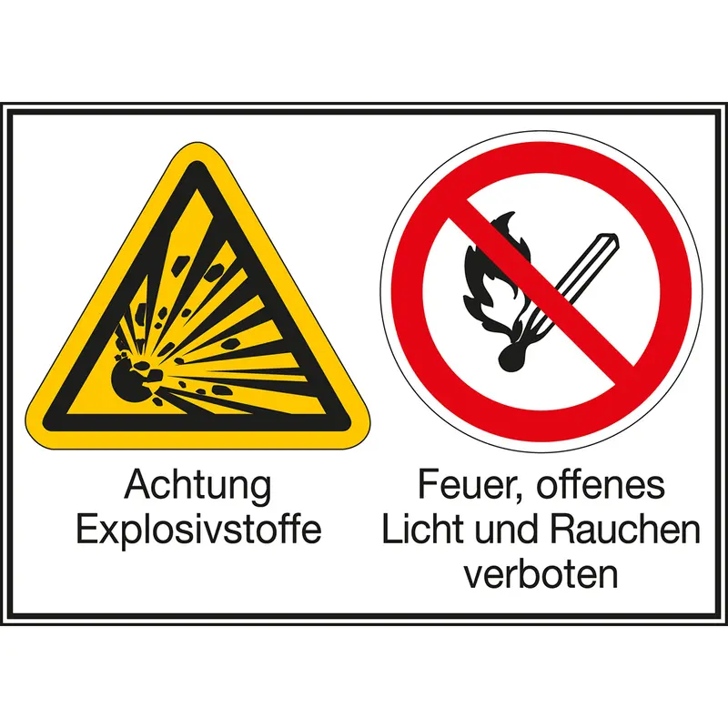 Mehrsymbol-Schilder - Achtung Explosivstoffe / Feuer, offenes Licht and Rauchen verboten
