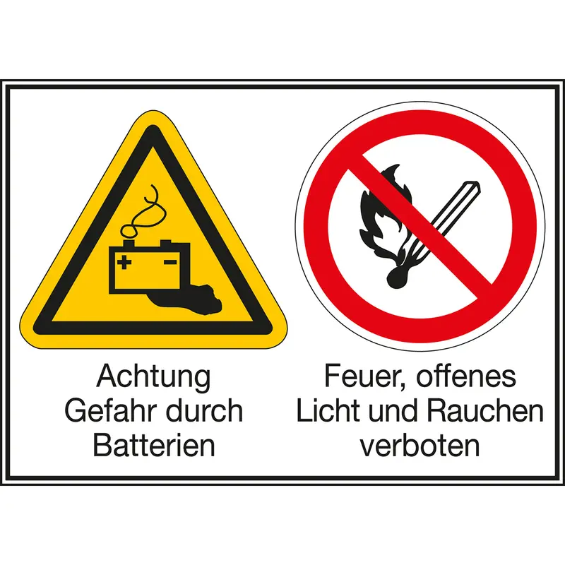 Mehrsymbol-Schilder - Achtung Gefahr durch Batterien / Feuer, offenes Licht and Rauchen verboten