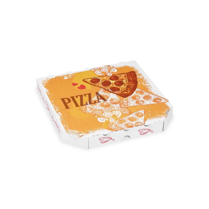 Pizzakarton (aus Mikrowellpappe) E6 weiß bedruckt 26 x 26 x 3 cm