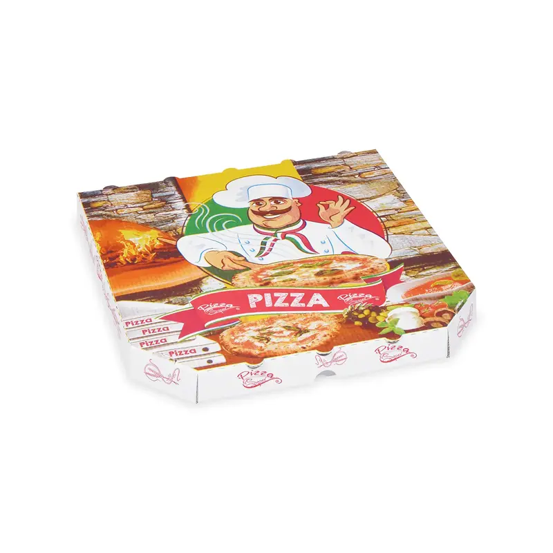 Pizzakarton (aus Mikrowellpappe) E6 weiß bedruckt 30 x 30 x 3 cm