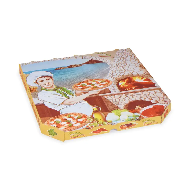 Pizzakarton (aus Mikrowellpappe) E6 weiß bedruckt 33 x 33 x 3 cm