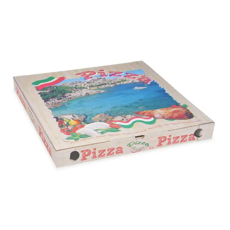 Pizzakarton (aus Mikrowellpappe) G4 weiß bedruckt 46 x 46 x 5 cm