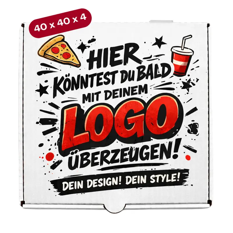 Pizzakarton mit eigenem Logo | 40x40x4 cm Weiß | 1 bis 4-farbig | 9.000 Stück