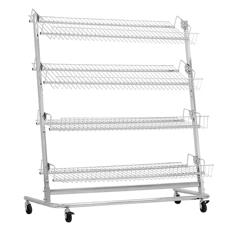 Portant à rayonnages métal chromé – 4 rayons inclinables sur roulettes